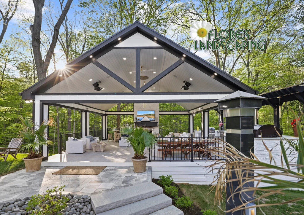 Flores Landscaping - Flores Landscapes Outdoor pavilion over modern paver patio with outdoor seating in Central Ohio