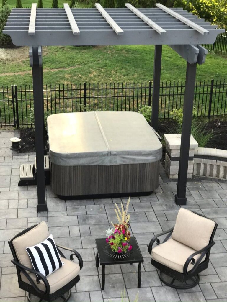 Flores Custom Pergolas #11 - Flores Landscapes Modern black pergola over hot tub on a paver patio in Central Ohio